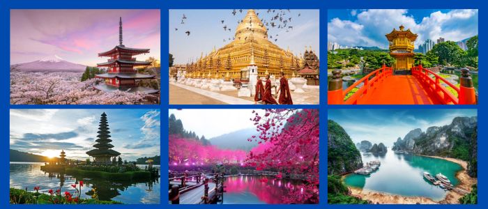 A 2x3 grid of images showcasing various travel destinations: a pagoda with Mount Fuji, a golden temple, a red bridge, a temple on a lake, cherry blossoms by a river, and a bay with islands.