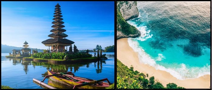 A two-panel image of Bali, Indonesia. The left shows a temple on a lake with a boat, and the right is an aerial view of a pristine beach with turquoise water.