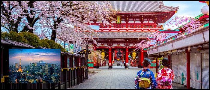 A vibrant image of Tokyo during cherry blossom season, featuring a large red temple gate with two people in kimonos walking away. An inset shows the Tokyo skyline at dusk with the Tokyo Tower visible.