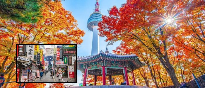 A vibrant autumn scene in Seoul, South Korea, with the N Seoul Tower and a traditional pavilion surrounded by colorful trees. An inset shows a bustling street scene.