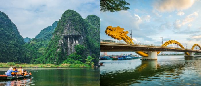 A two-panel image of Vietnam. The left shows a boat on a calm river surrounded by lush green karst mountains. The right features a vibrant yellow dragon bridge over a river with boats.