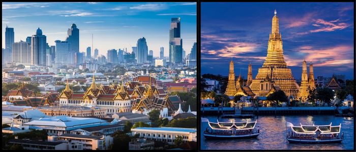 A split image showcasing Bangkok, Thailand. The left panel shows a panoramic view of the city skyline with traditional temples in the foreground. The right panel captures the illuminated Wat Arun temple at dusk, with boats on the Chao Phraya River.