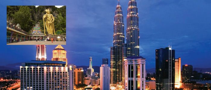 A night skyline of Kuala Lumpur, Malaysia, with the illuminated Petronas Towers. An inset shows the golden Lord Murugan statue at Batu Caves.