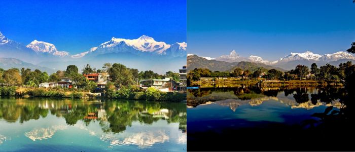 A split image showcasing Pokhara, Nepal. The left features a lake reflecting snow-capped mountains and houses. The right shows a darker reflection of mountains and trees in a lake under a bright blue sky.