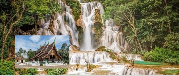 A vibrant image of Kuang Si Falls in Luang Prabang, Laos, with multiple cascades amidst lush greenery. An inset shows a traditional temple building.