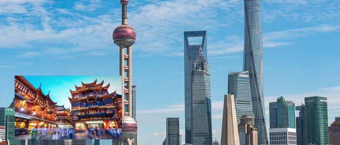 A vibrant skyline of Shanghai, China, features the Oriental Pearl TV Tower and other skyscrapers under a blue sky. An inset shows traditional Chinese architecture.