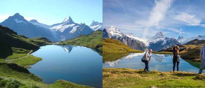Two photos showing individuals on a mountain slope, overlooking a lake and majestic mountains in the distance