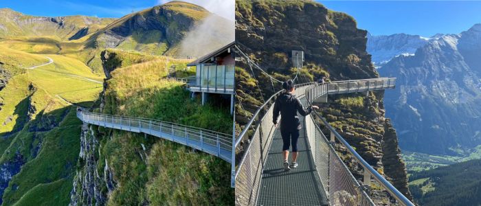 Two photos depicting people strolling on a suspension bridge, highlighting the bridge's design and the landscape.
