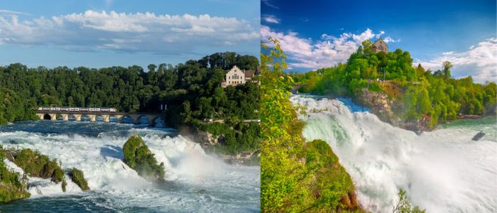 Two images of a waterfall with a castle in the background, showcasing different angles and perspectives of the scene