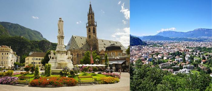 Two images of a city featuring a prominent church and a decorative fountain in a public square.
