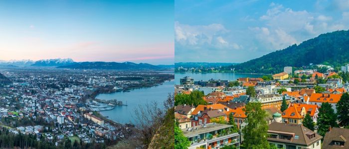 A panoramic view of Salzburg city with the serene Thuringia Lake in the foreground, showcasing natural beauty and architecture.