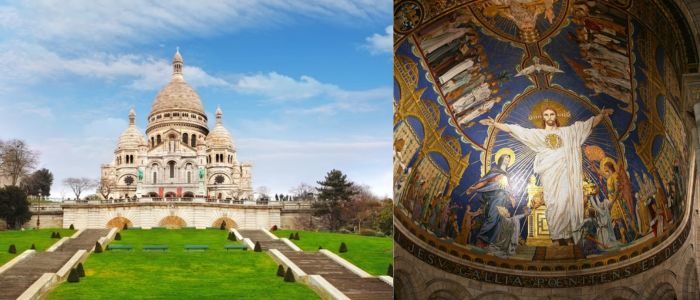 The Sacré-Cœur Basilica in Paris, featuring its iconic white dome against a clear blue sky.