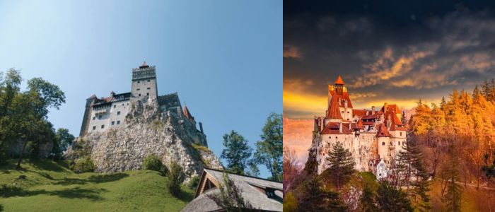  Two images of a castle perched on a hillside, showcasing its grandeur against a scenic landscape.
