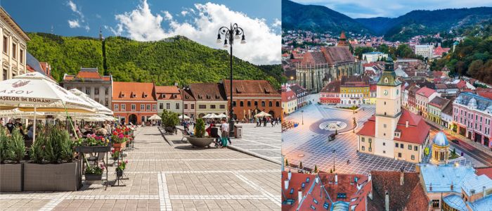 A split image featuring a lively town square on one side and a breathtaking mountain view on the other.