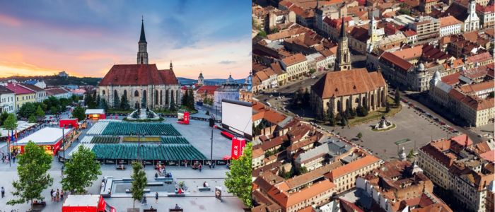 Two views of a city showcasing a church and a clock tower, highlighting their architectural details.