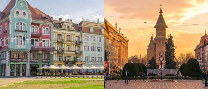 Two images of buildings in contrasting colors, emphasizing the uniqueness of each structure's design and appearance