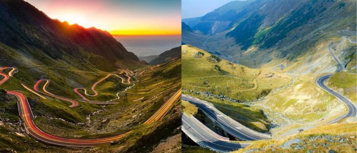 Two visuals of a curving road set against a backdrop of towering mountains, highlighting the landscape's allure