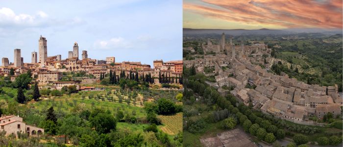 Two views of the same town: a dramatic sunset scene contrasted with a serene sunrise, highlighting different times of day