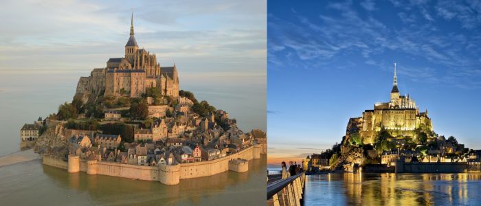 Mont Saint-Michel, a UNESCO World Heritage site, displays its impressive architecture against a backdrop of blue sky