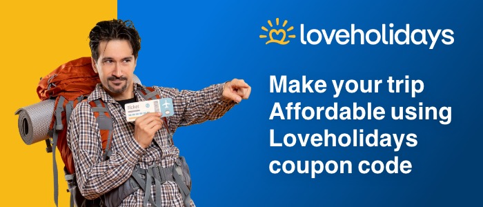 Loveholidays coupon code displayed on a colorful background, promoting discounts for travel bookings.