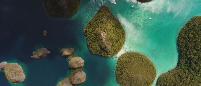 Aerial view of Samal Island, showcasing lush greenery, sandy beaches, and clear blue waters surrounding the coastline.