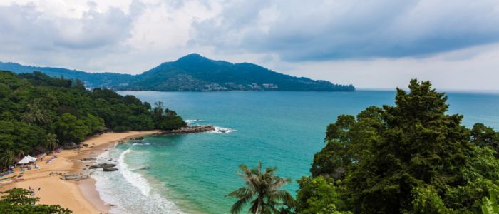 A scenic beach framed by trees, with a majestic mountain rising in the background under a clear blue sky.