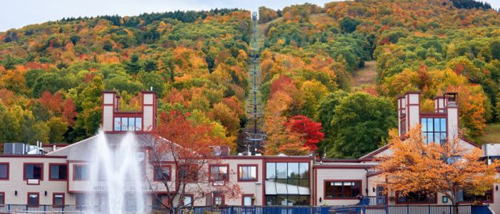 A water fountain in front of a building, surrounded by vibrant, colorful trees in autumn foliage.