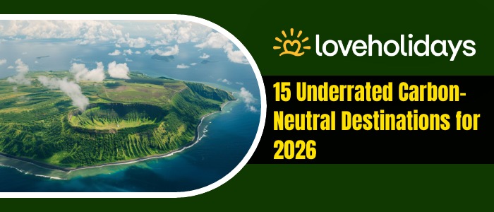 A collage of scenic landscapes showcasing underrated carbon neutral travel destinations for 2020.