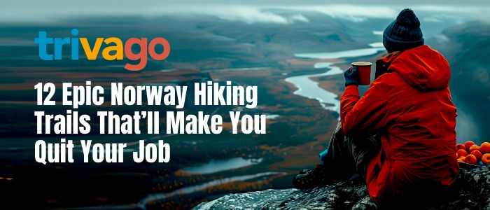 Hiker in a red jacket sitting on a cliff overlooking Norway’s landscape, promoting epic hiking trails.