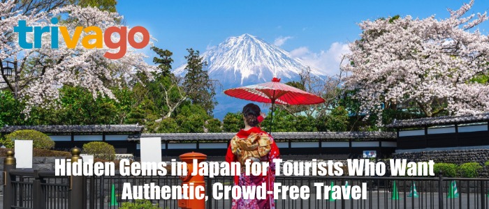 A person in traditional Japanese attire stands with a red umbrella, facing cherry blossoms and Mount Fuji. Text reads: