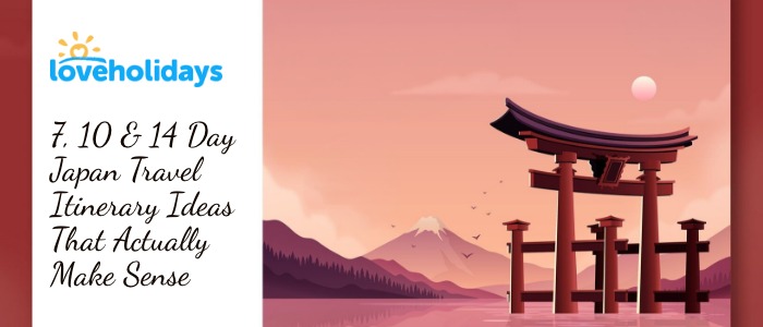 Sunset scene of Japan with iconic torii gate in water, distant mountains, and pink sky. Text on left: