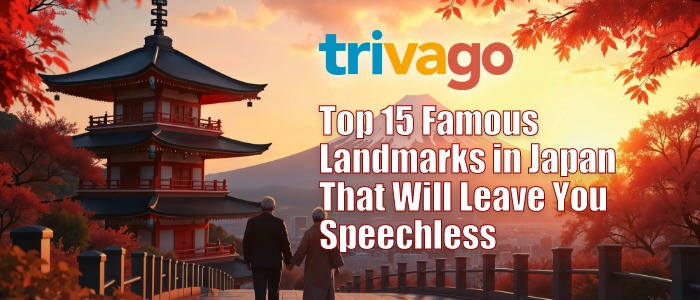 A picturesque scene of a Japanese pagoda at sunset with vibrant autumn foliage. Two people walk towards it, highlighting peaceful exploration. Text reads “Top 15 Famous Landmarks in Japan That Will Leave You Speechless” with the Trivago logo.