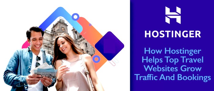 How Hostinger helps top travel websites grow traffic and bookings banner with travelers using a map and Hostinger branding