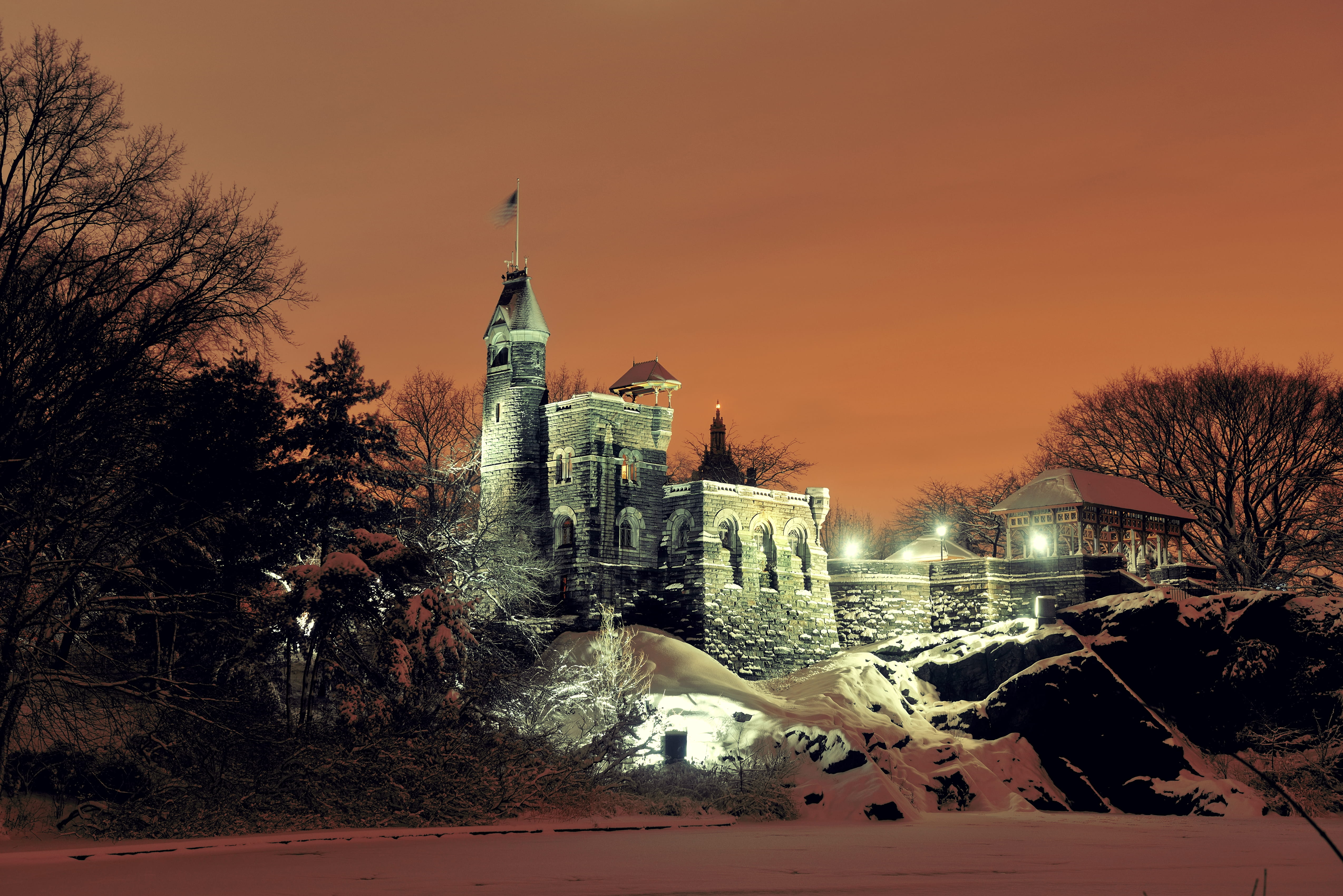 central park belvedere castle night winter midtown manhattan new york city 