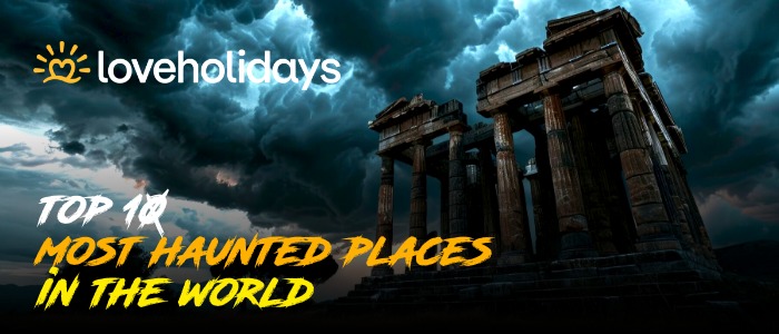 A collage showcasing the top 10 most haunted places in the world, featuring eerie locations and ghostly imagery.