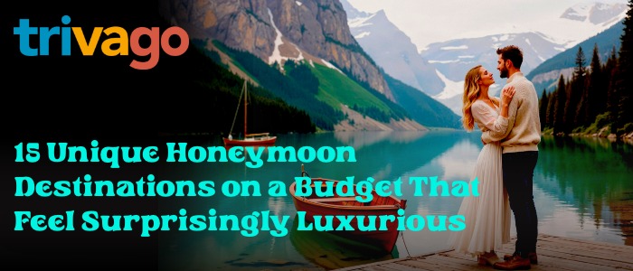 Romantic couple standing by a turquoise mountain lake with text