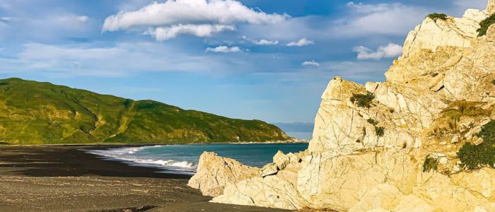A scenic black sand beach with a majestic mountain rising in the background under a clear blue sky.