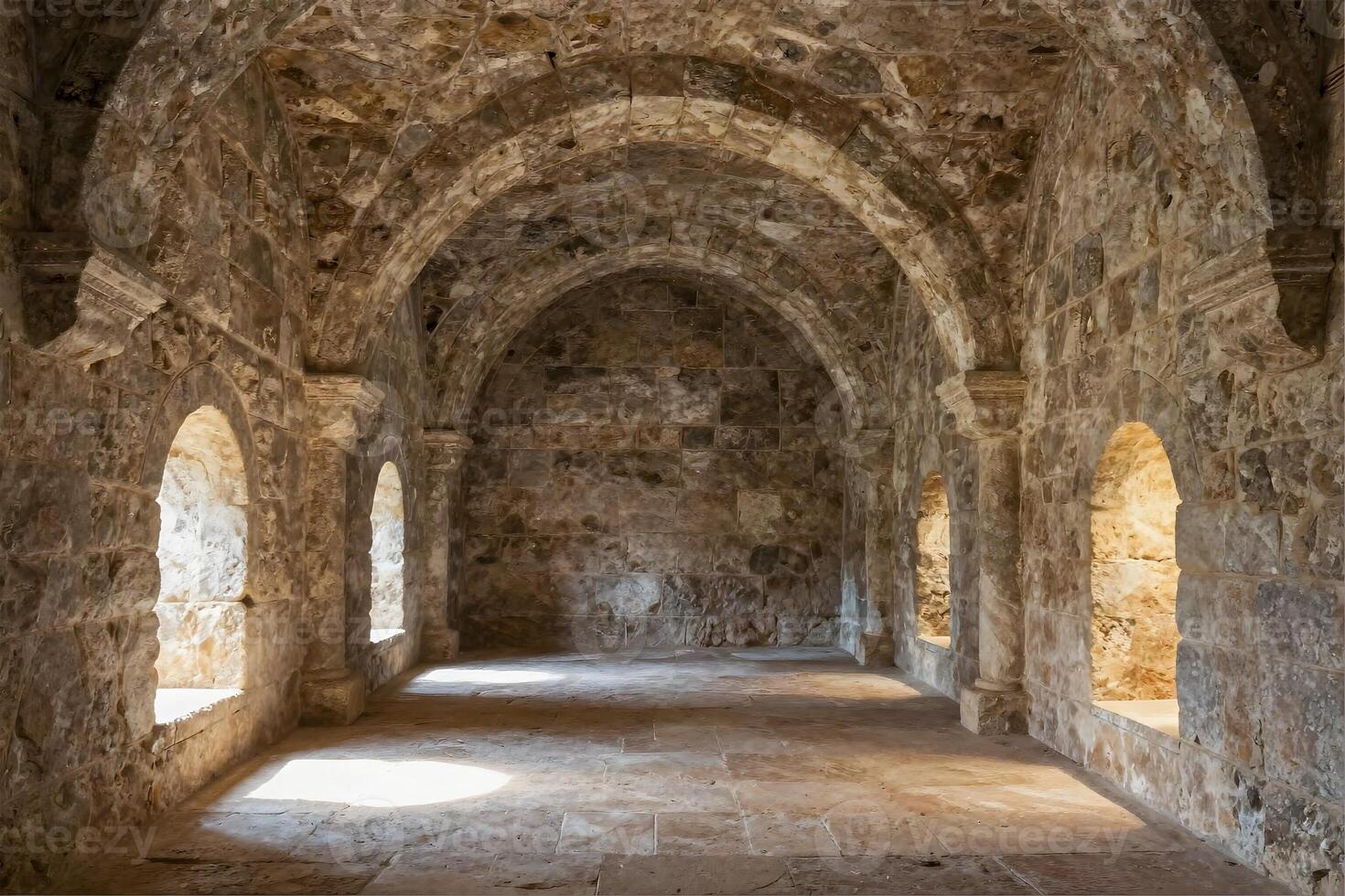 Alamo San AntonioTexas, Inside an ancient stone structure, highlighting elegant arches and rugged walls that reflect its historical significance.