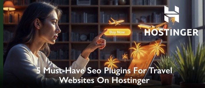 Woman working on a laptop with travel-themed holographic elements like airplanes and palm trees, alongside Hostinger branding and text reading “5 Must-Have SEO Plugins for Travel Websites on Hostinger” with a “Buy Now” button.